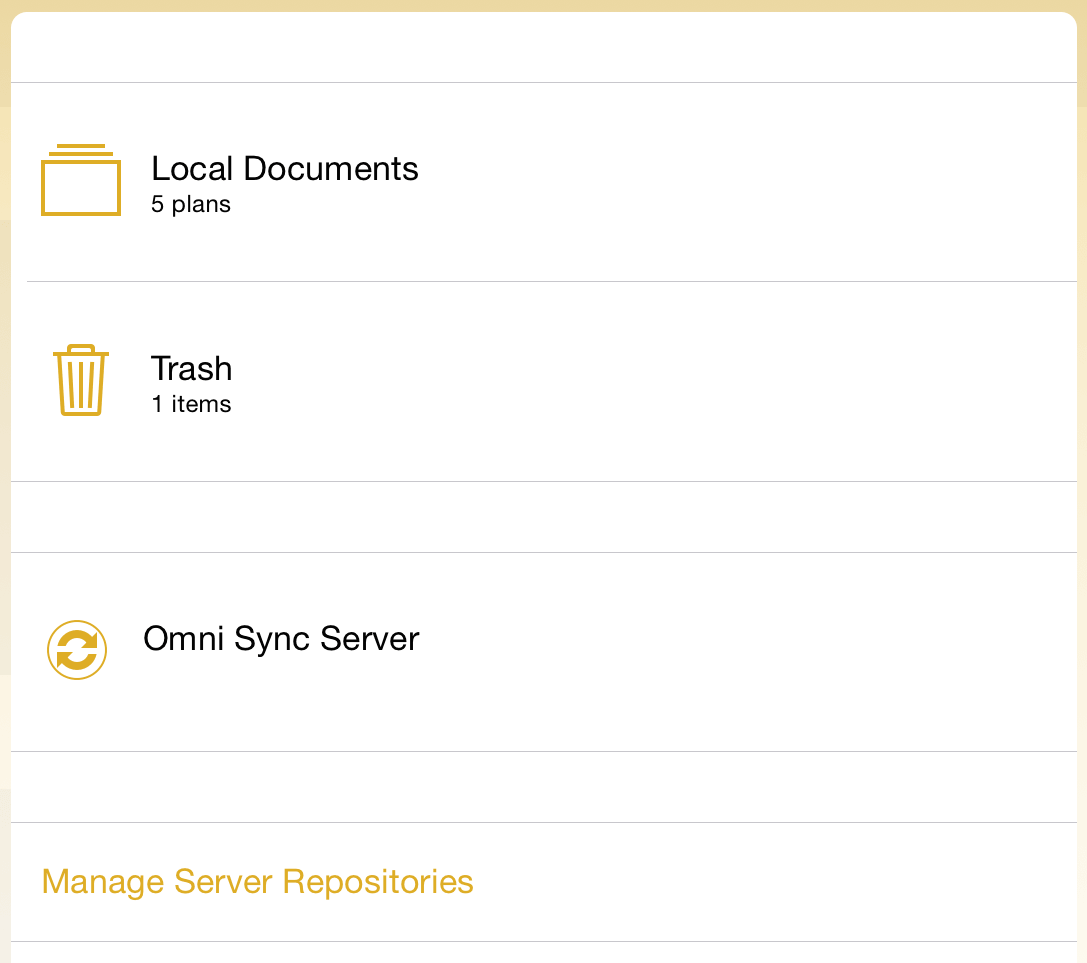 The Locations screen, including a listing for a connected Omni Sync Server repository account.