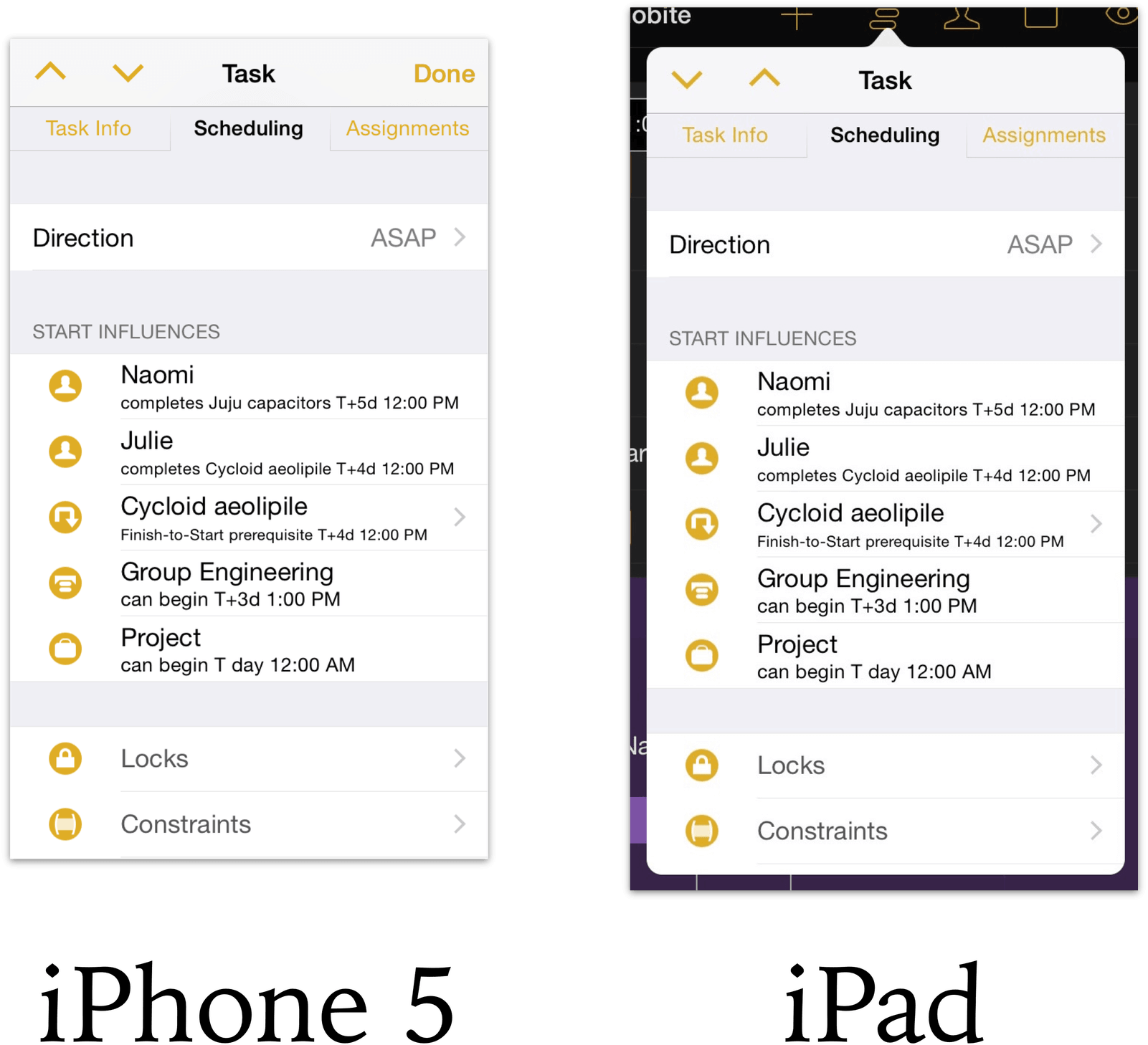 A comparison between the appearance of the task inspector in OmniPlan for iOS on iPhone 5 and Retina iPad.