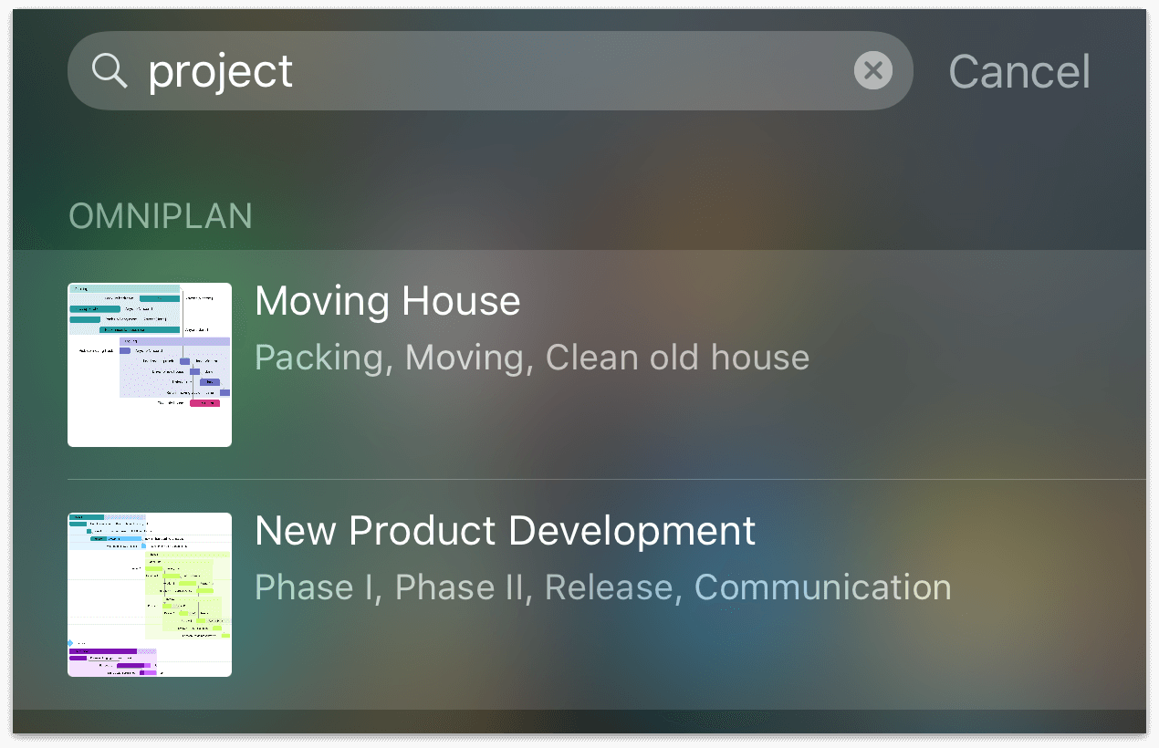 OmniPlan project search results in Spotlight on iOS 9.
