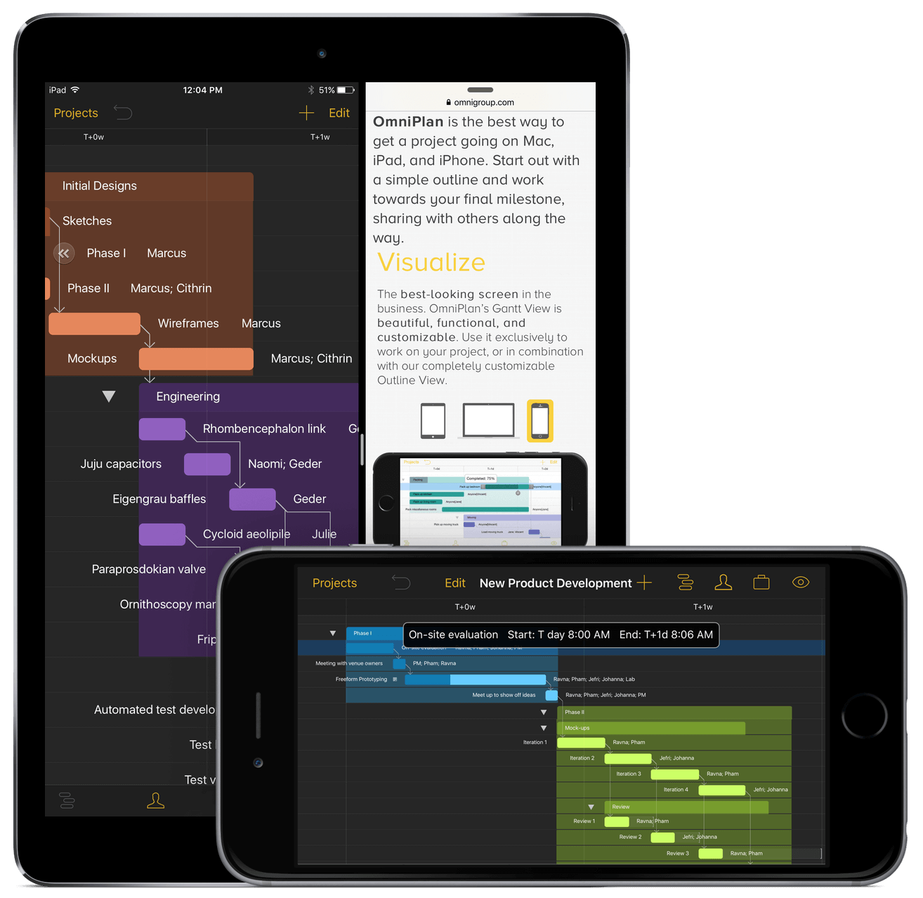 OmniPlan 2.2 for iOS as seen on iPad Air 2 and iPhone 6 Plus.
