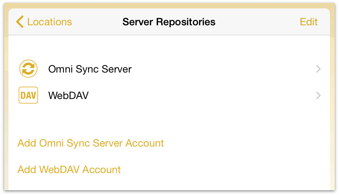 Available server repositories including an Omni Sync Server account and a WebDAV server.