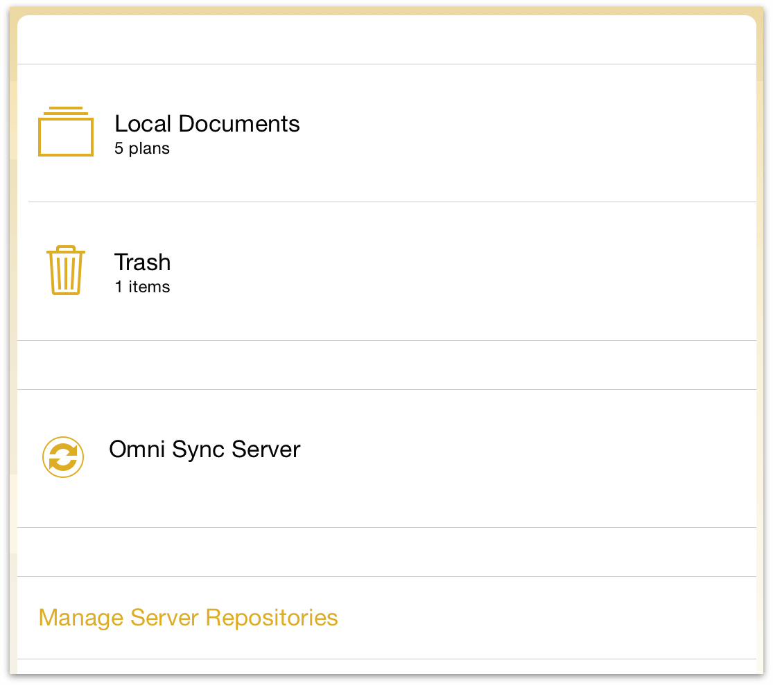 The Locations screen, including a listing for a connected Omni Sync Server repository account.