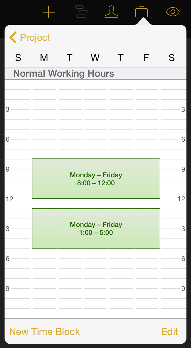 The default schedule for a work week in the project inspector.
