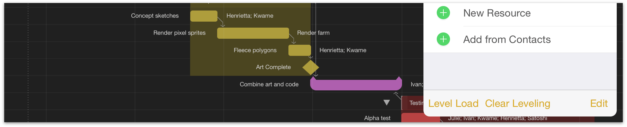 Leveling resource loads using the resource inspector.