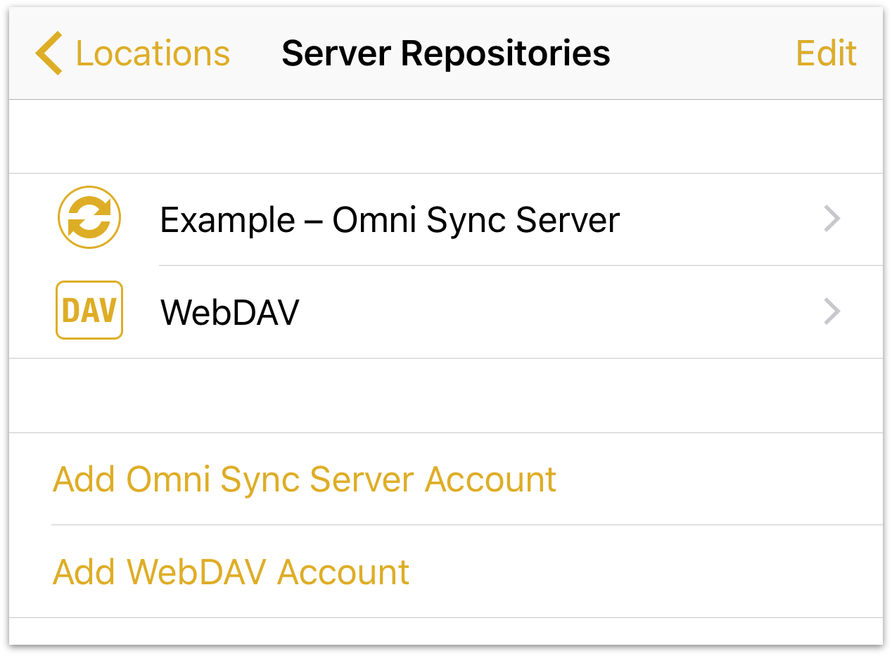 Available server repositories including an Omni Sync Server account and a WebDAV server.
