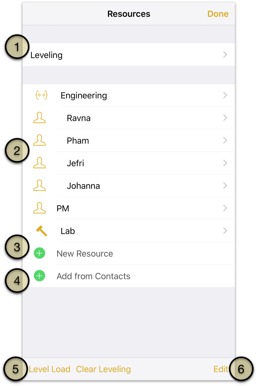 The resources inspector in OmniPlan 2 for iOS
