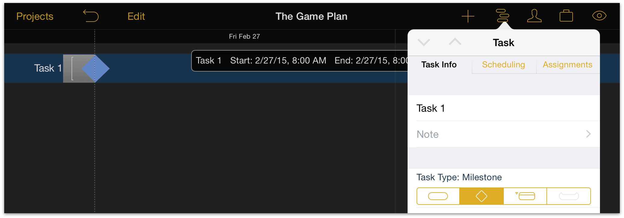 Change a task to a milestone in the Task Inspector.