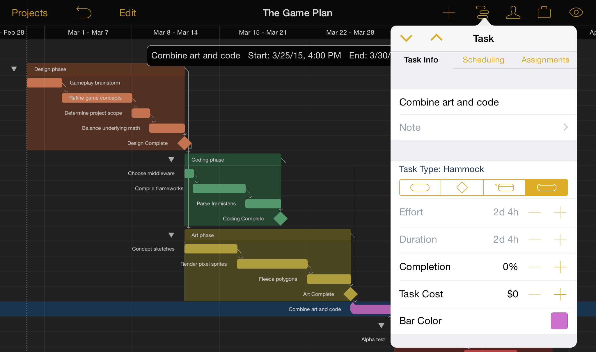 Selecting the Hammock task type in the Task Info pane of the Task Inspector.