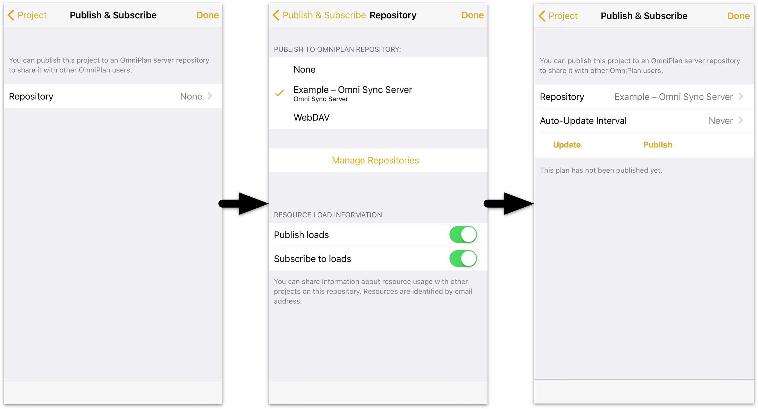 The project inspector screen flow for setting up publishing and subscription.