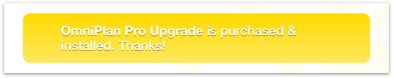 Confirmation of the OmniPlan Pro upgrade being installed in About OmniPlan.