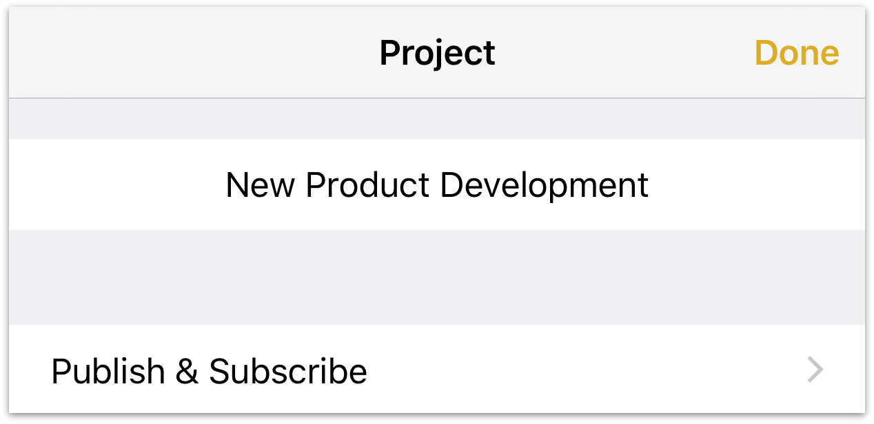 The publication and subscription settings in the Project inspector of OmniPlan 3 for iOS’s Project Editor.