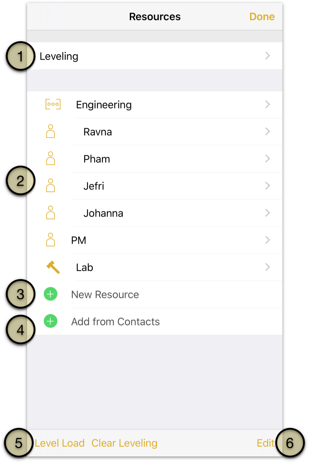 The resources inspector in OmniPlan 3 for iOS