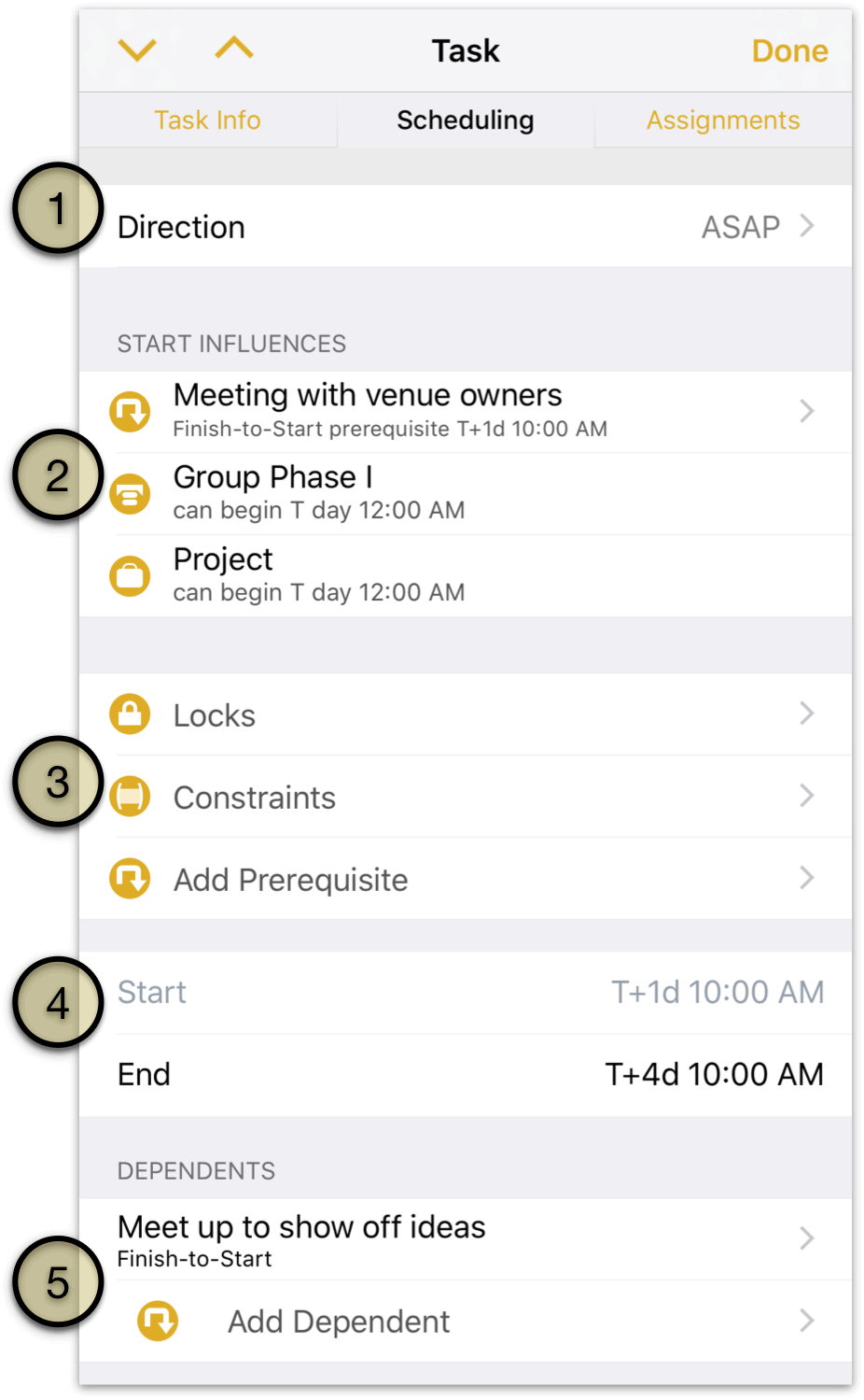 The Task Inspector’s Scheduling in OmniPlan 3 for iOS