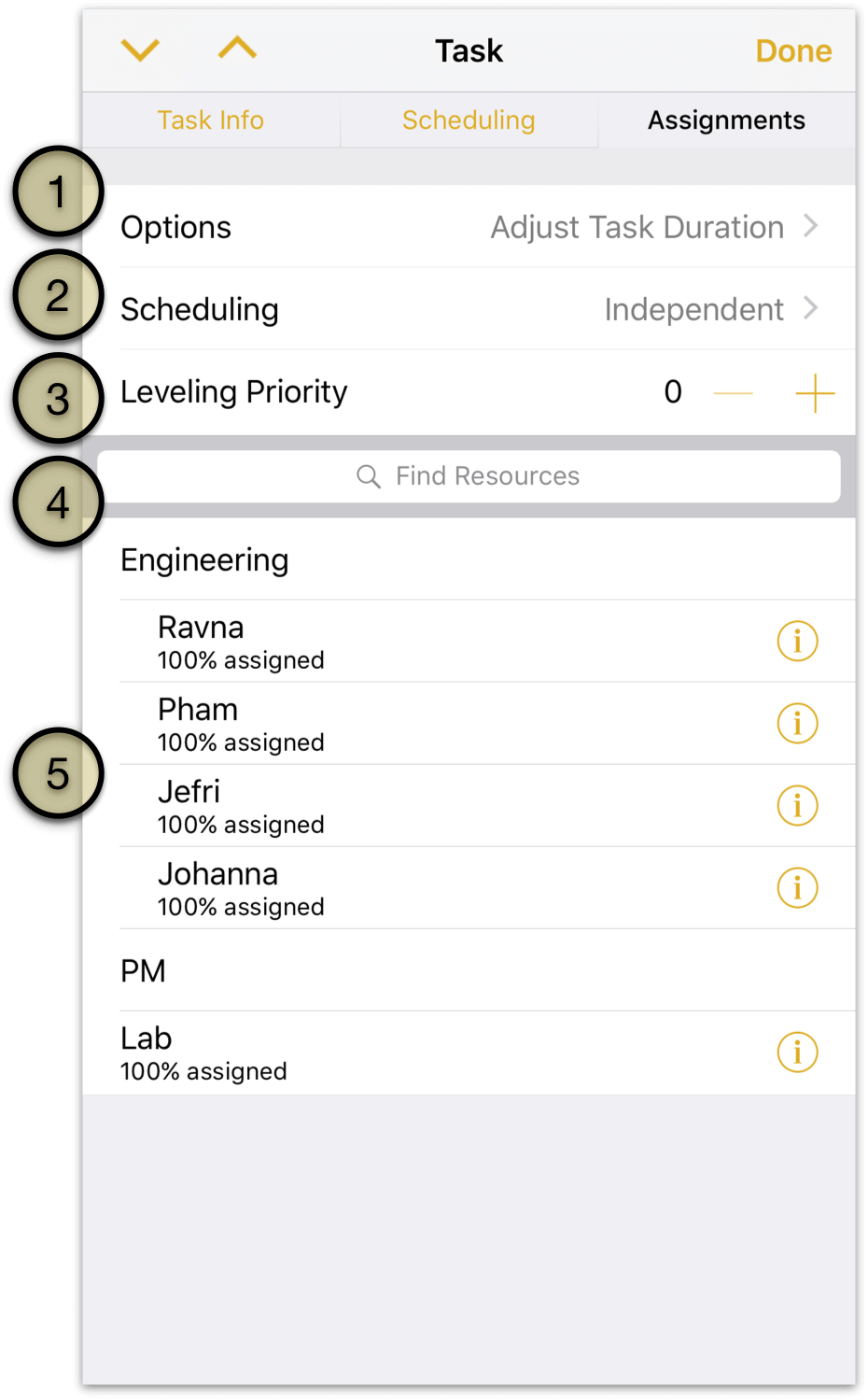 The Task Inspector’s Assignments in OmniPlan 3 for iOS
