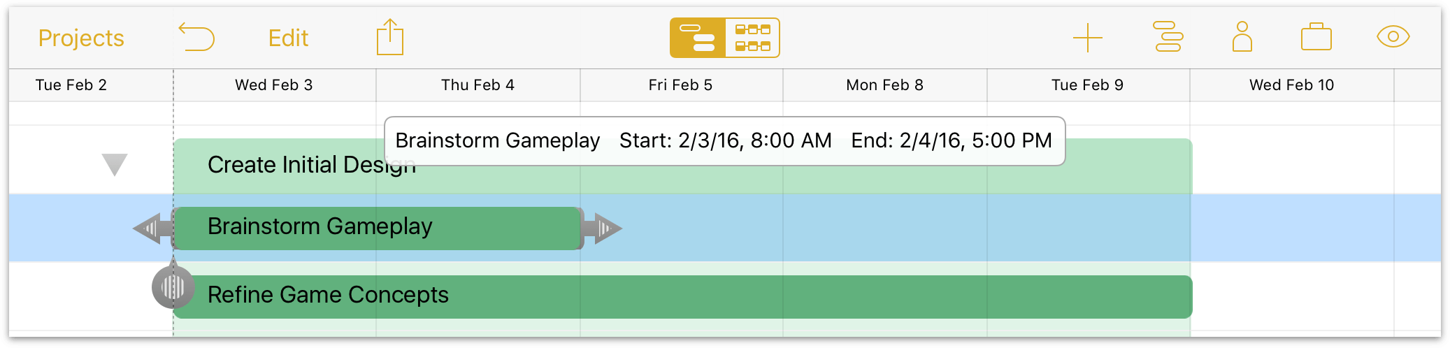 A task with dependency handles displayed on either end of its bar in the Gantt timeline.