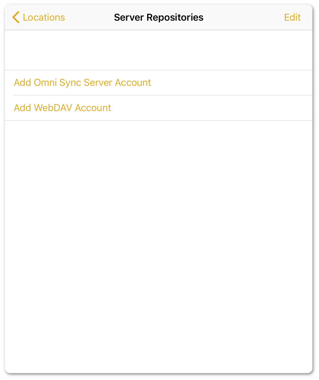 The Server Repositories screen has two options for adding references to Omni Sync Server or a WebDAV server.