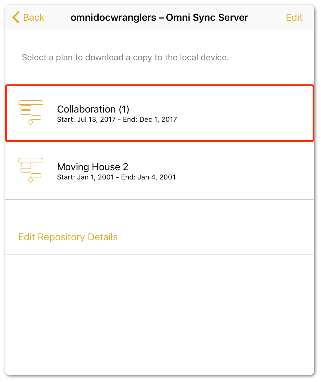 The next screen shows the files on the server that you can subscribe to. Be sure to tap the correct project file, as directed by the project manager.