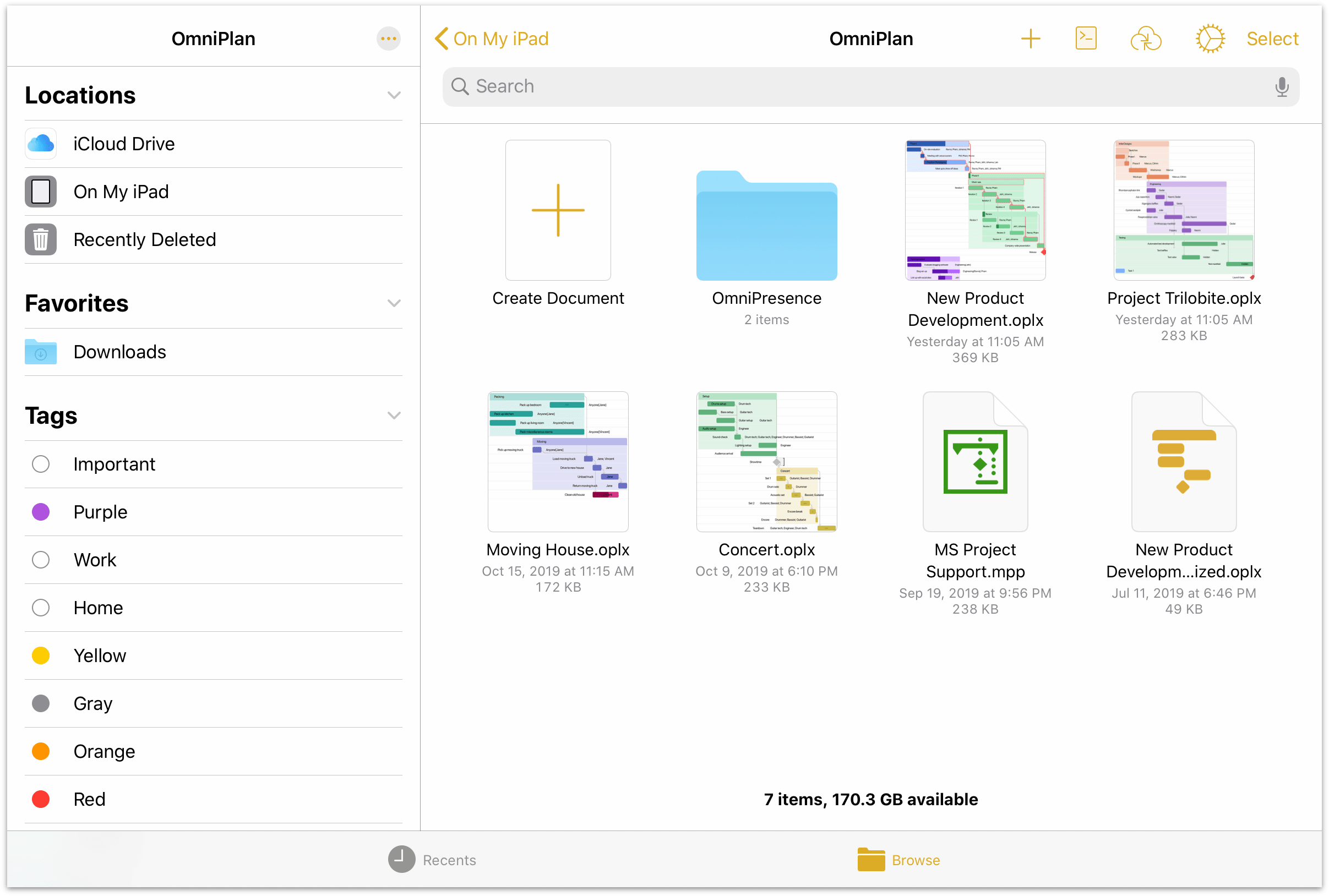 The Document Browser in OmniPlan 3 for iOS.