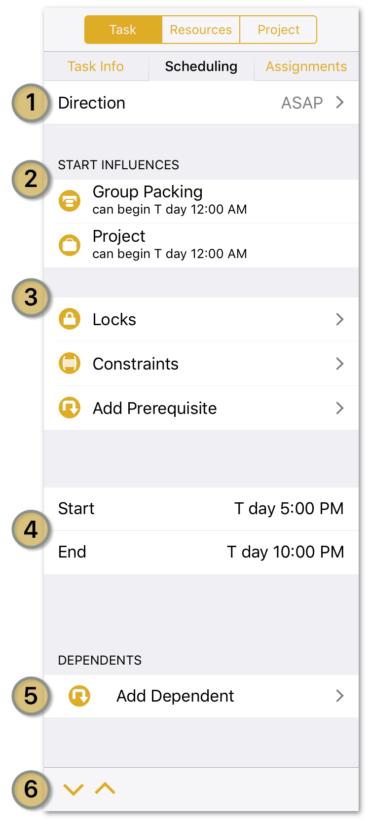 The Task Inspector&#8217;s Scheduling in OmniPlan 3 for iOS