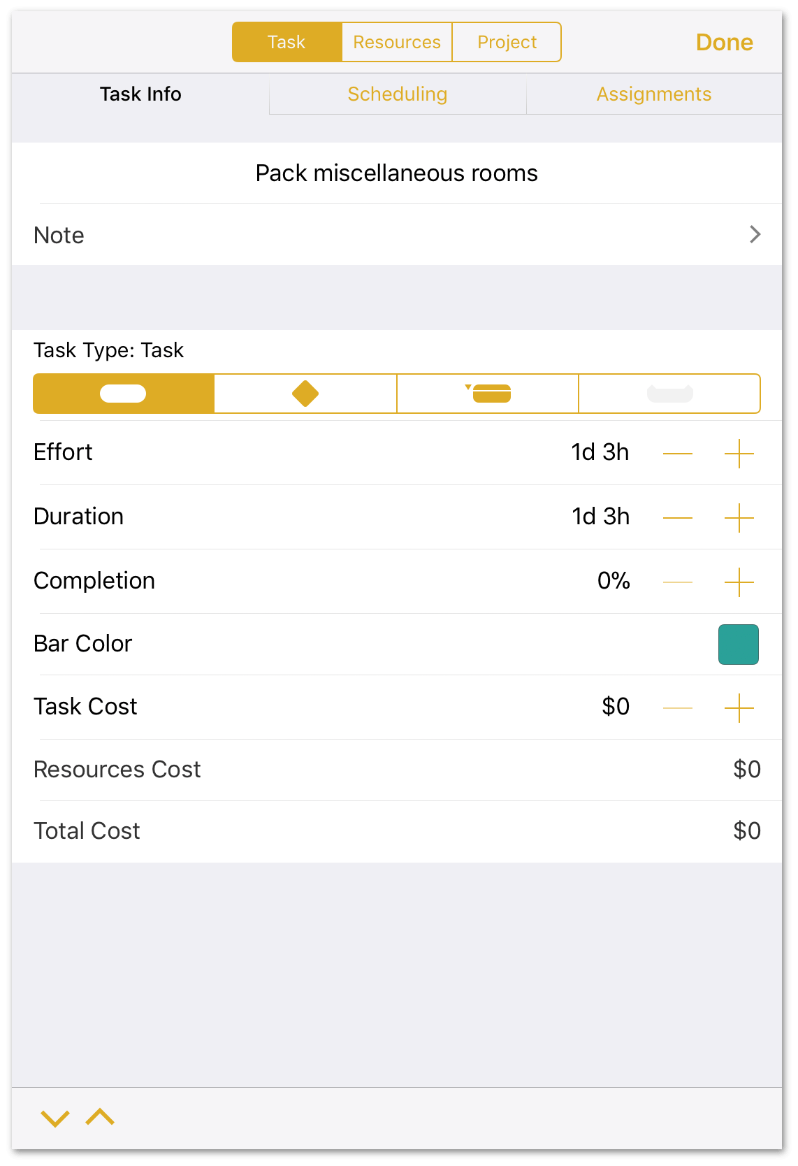 On smaller screens, or in compact mode, OmniPlan's inspectors slide up from the bottom of the screen and take over the view.