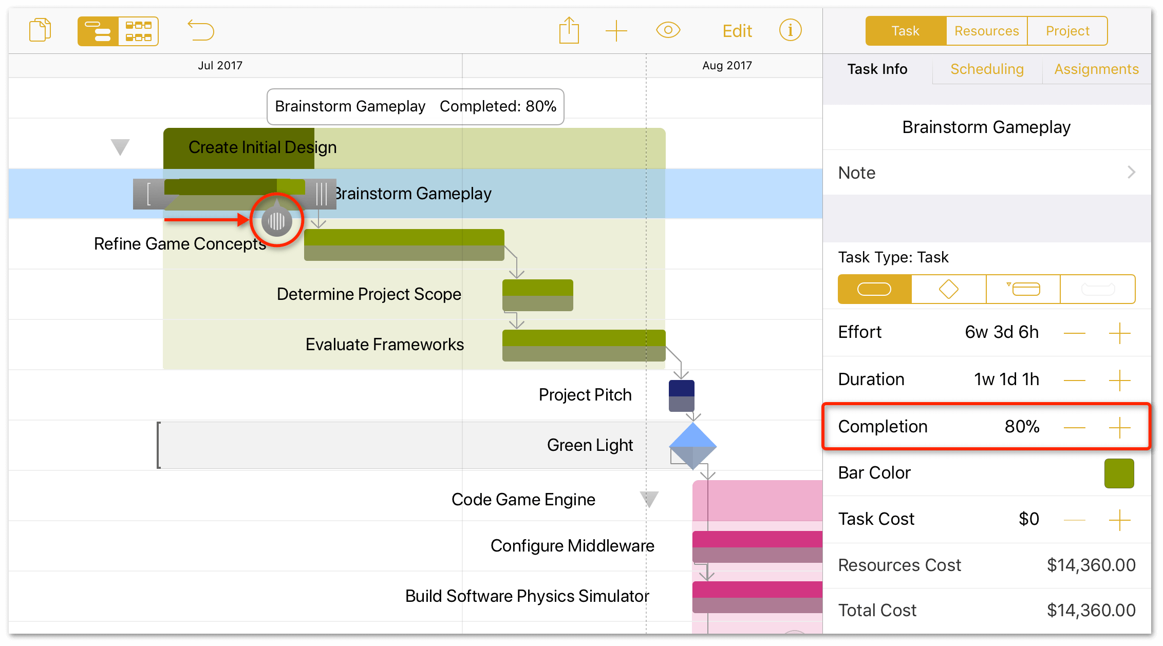 Updating task completion using the task completion slider.