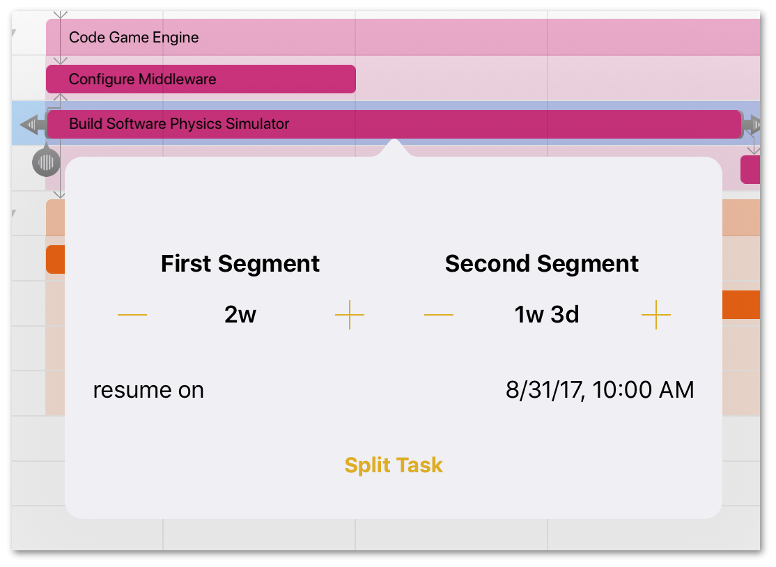 The duration of the First Segment of the task has been set to two weeks, and the duration of the Second Segment picks up the remaining time; one week and three days.