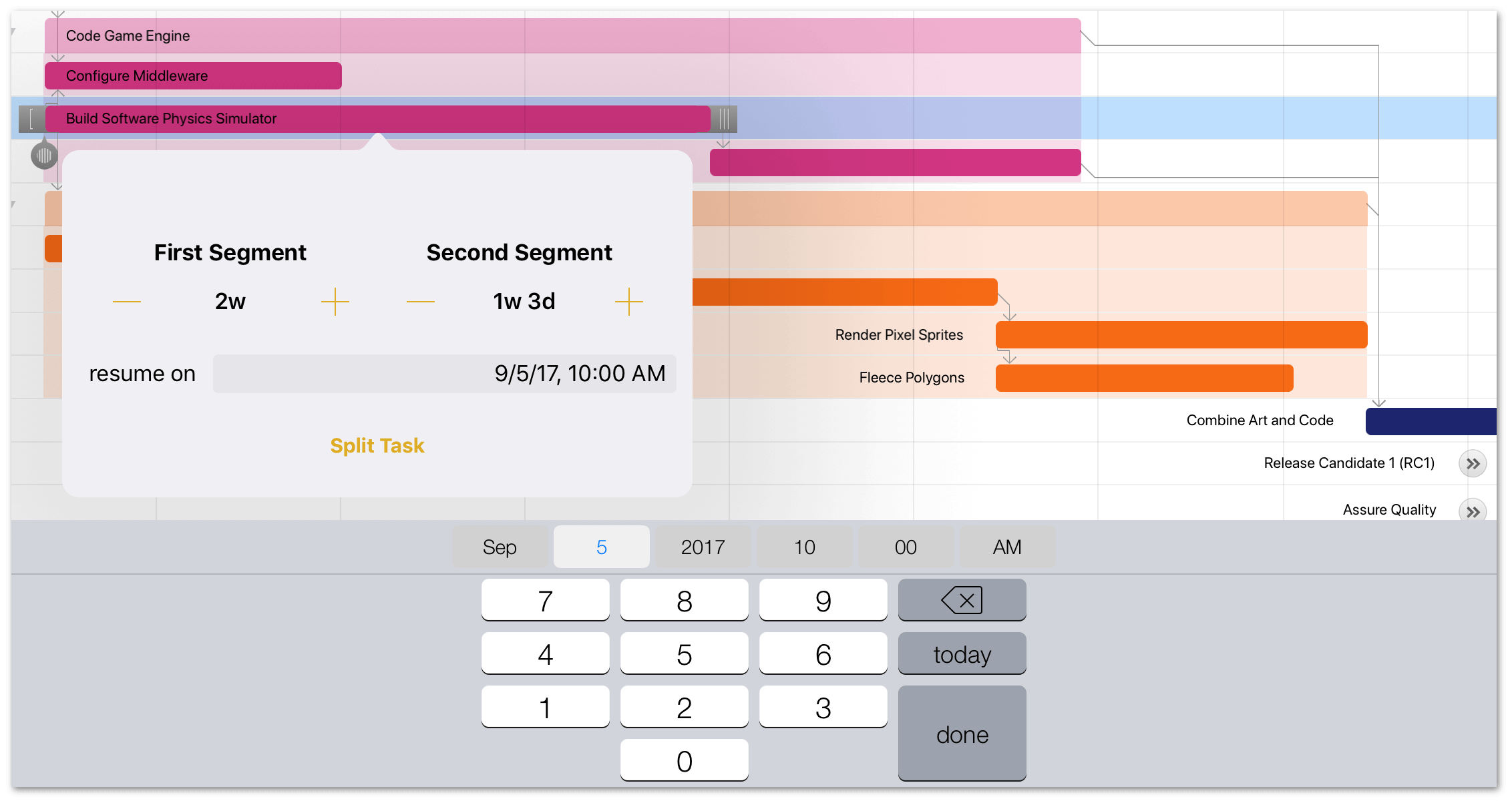 Tap the date next to "resume on" to specify a specific date when work on the Second Segment will resume. Here, the Second Segment is set to resume on September 5, 2017.