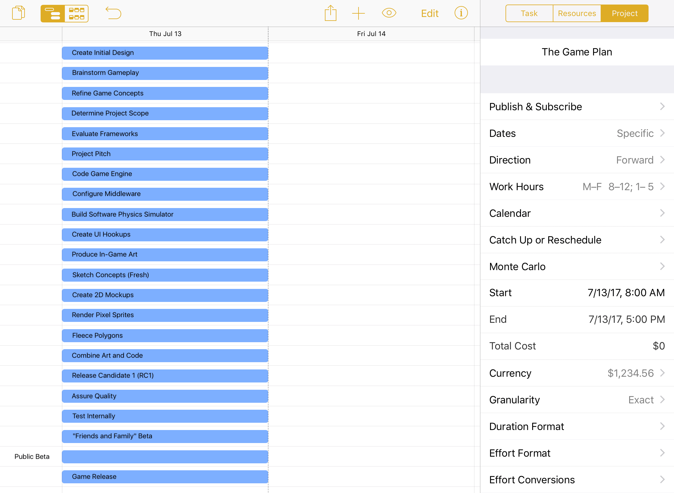 A new project populated with an initial list of brainstormed tasks.