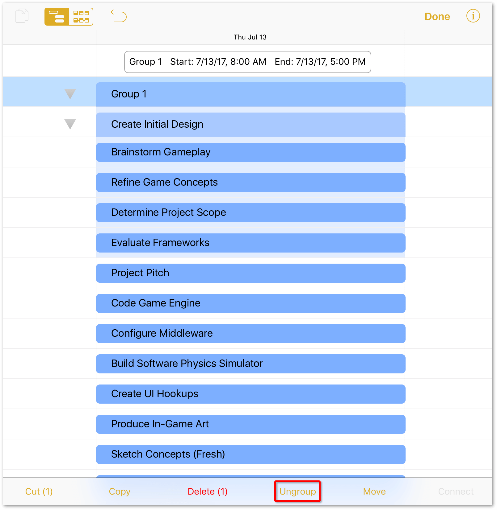 Group 1 is selected in the project editor window