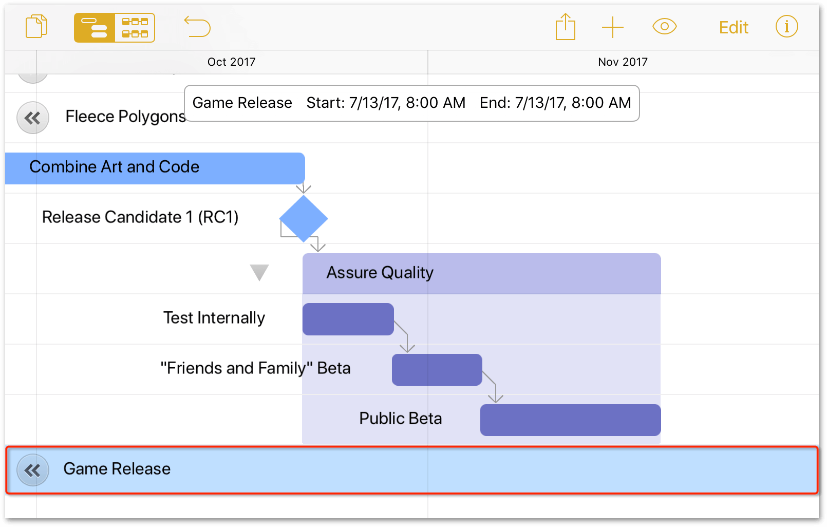 The Game Release milestone is still there, it has just slid over to the left. Tap the button with double left-pointing chevrons to view the milestone in the project editor.