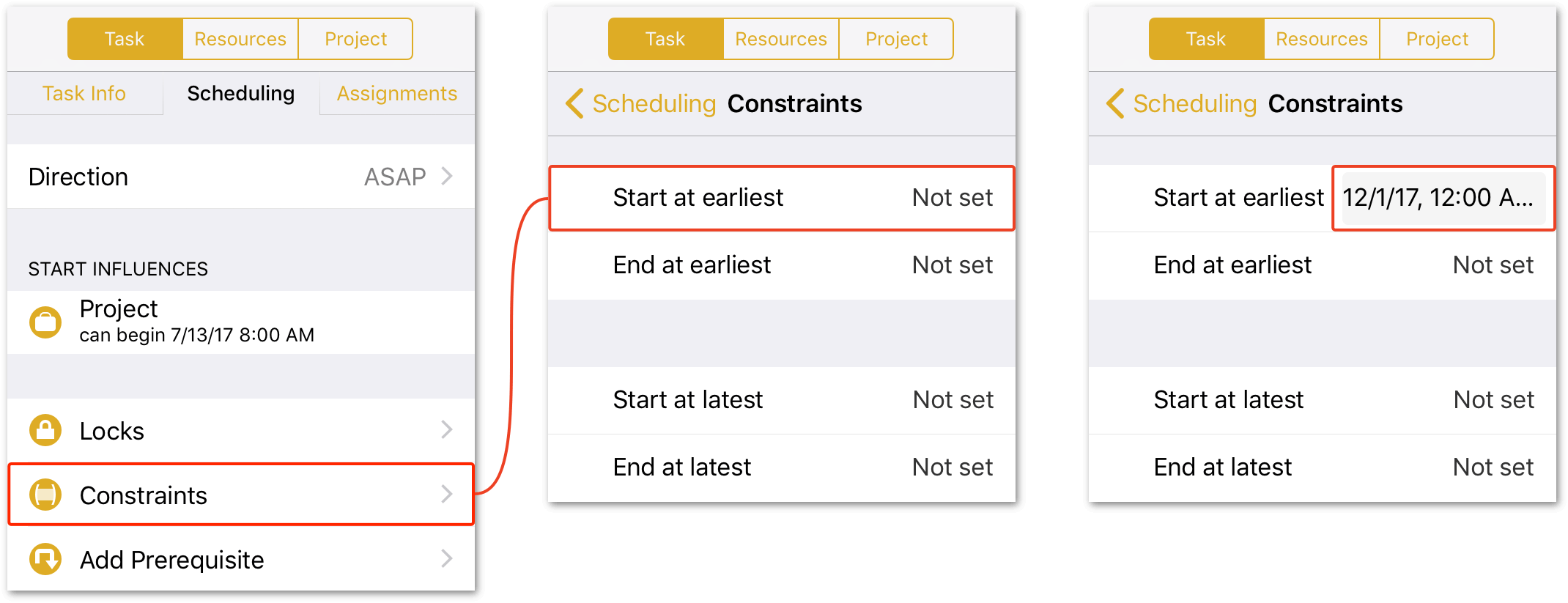 This image shows three separate images: On the left is the Scheduling tab of the Task inspector, with a highlight around the Constraints option. In the middle, the Constraints options are shown with a highlight around the Start at earliest option. And on the right, the Start at earliest option is shown with a date assigned for the Game Release milestone.