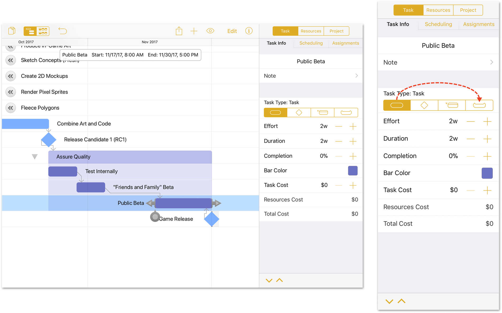 On the left, the project is shown; on the right, a highlight is placed on the Task Type with an arrow that indicates changing the type fromm a Task to a Hammock.