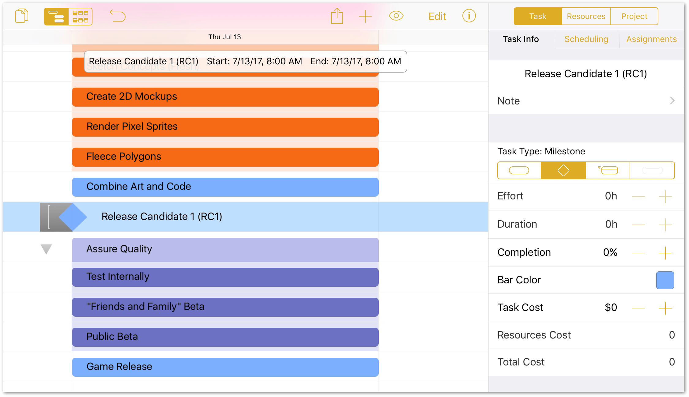 The RC1 task is now a milestone in the project.