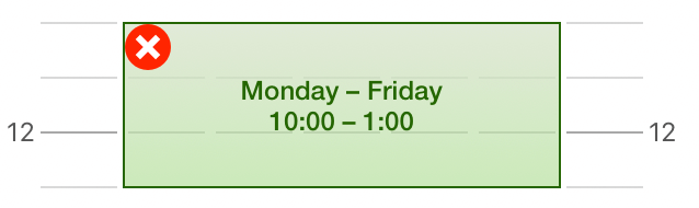 A Time Block, showing the delete button in the upper-left corner; when tapped, the Time Block will be deleted.