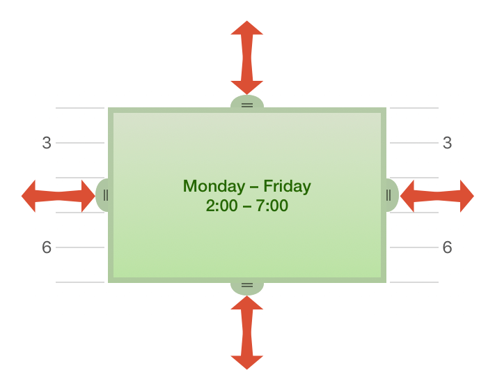 A Time Block with arrows next to the handles, showing that you can drag the handles to change the size of the block.