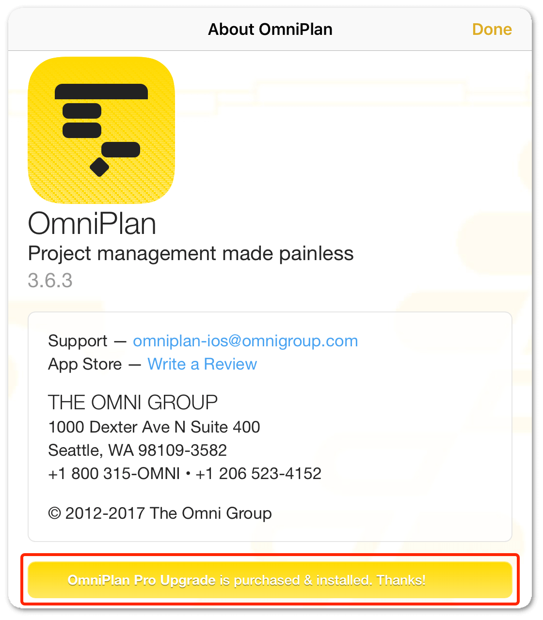 Confirmation of the OmniPlan Pro upgrade being installed in About OmniPlan