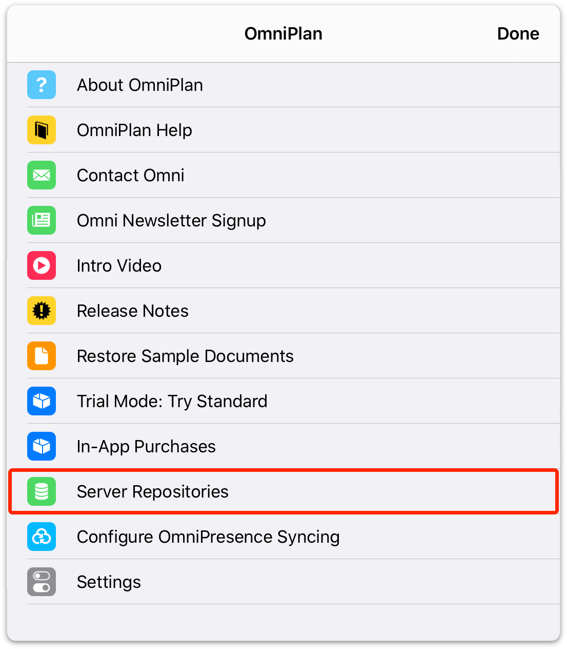 The Server Repositories item in the App Menu