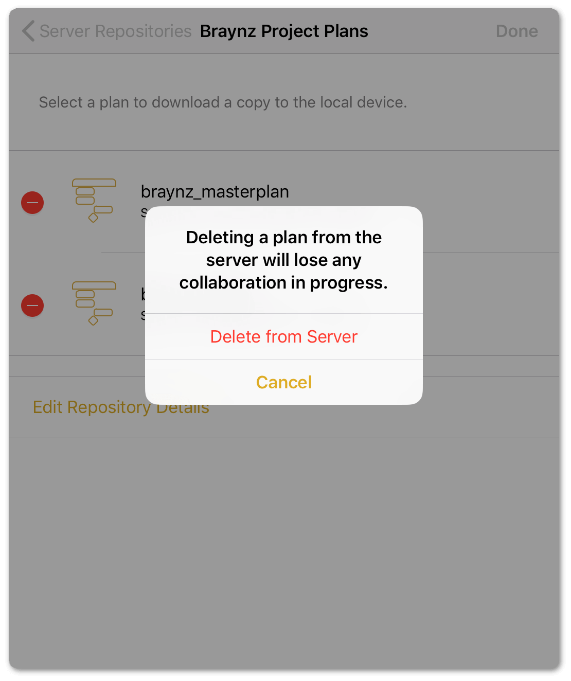 OmniPlan warns you before deleting a file from the server.