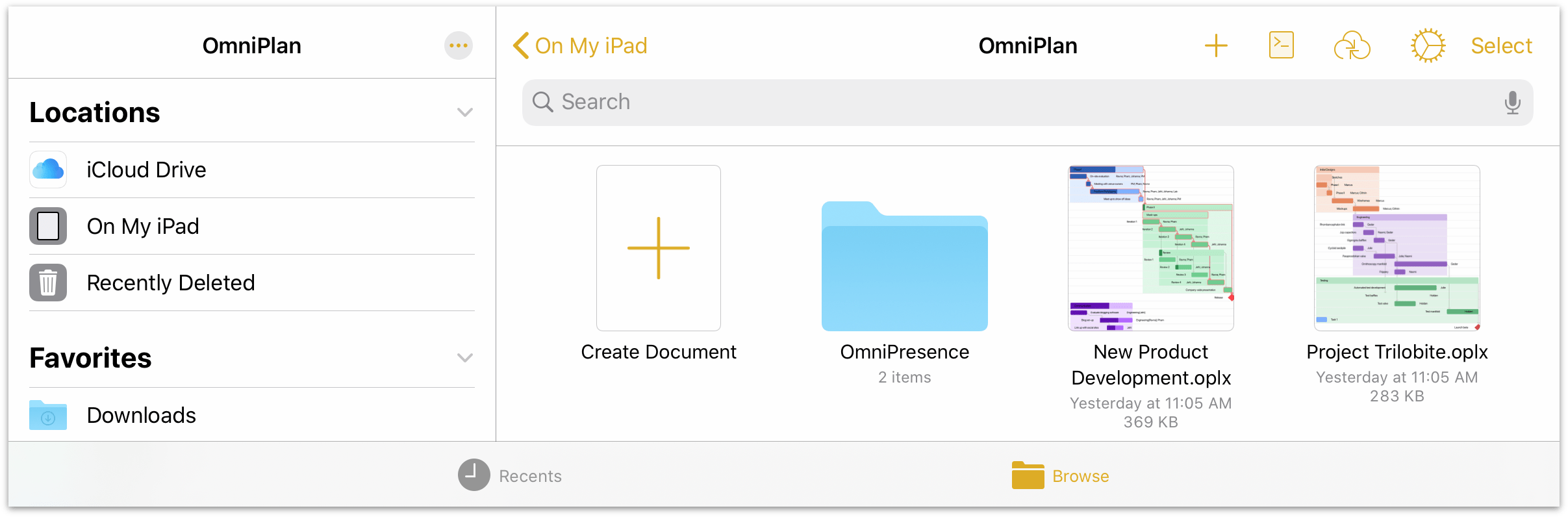 The Browse view of the document browser in OmniPlan 3 for iOS.