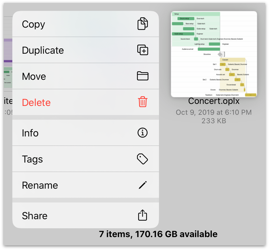 The contextual menu on a file in the OmniPlan document browser.