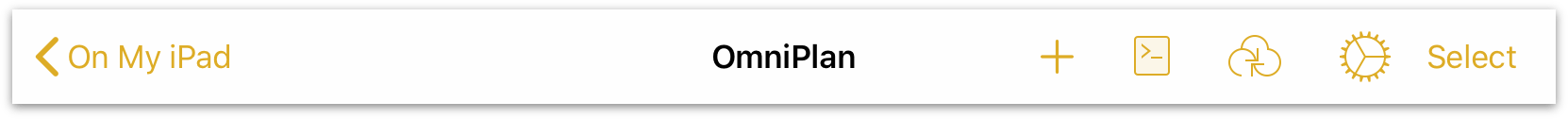 The toolbar you see at the top of your device while viewing the contents of a folder in OmniPlan's document browser