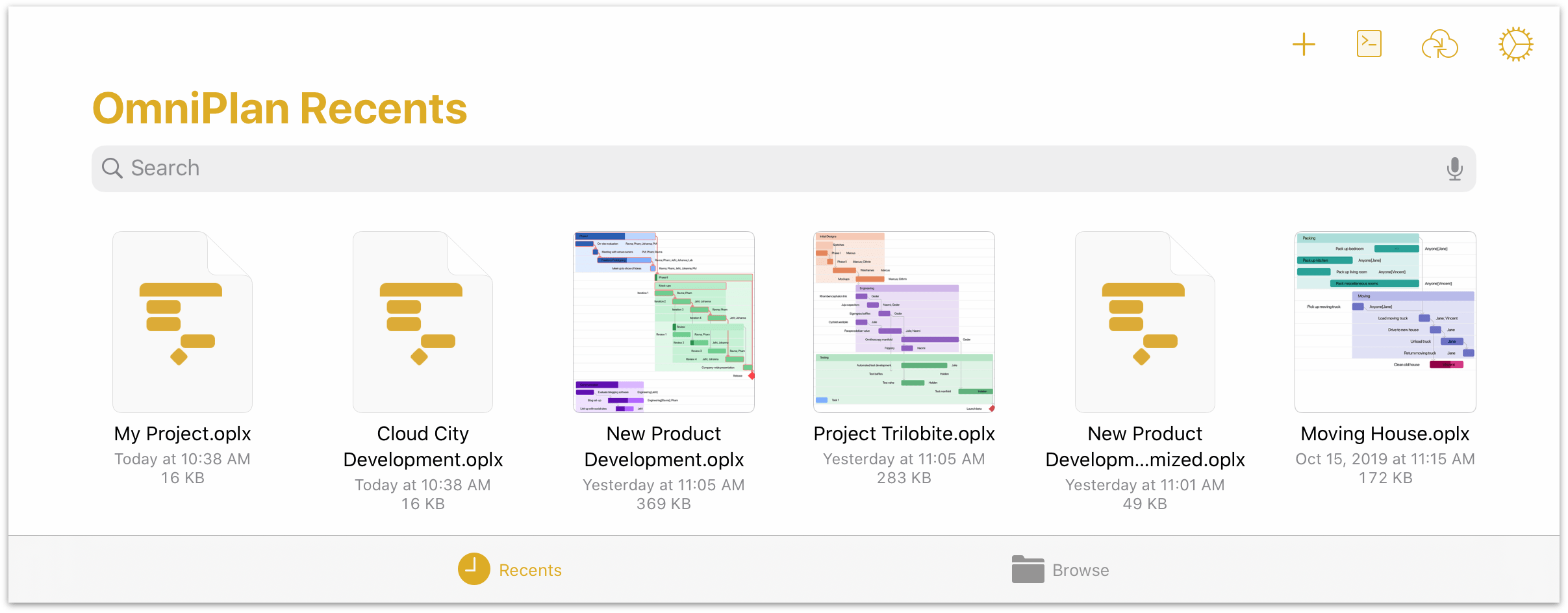 The Recents view of the document browser in OmniPlan 3 for iOS.