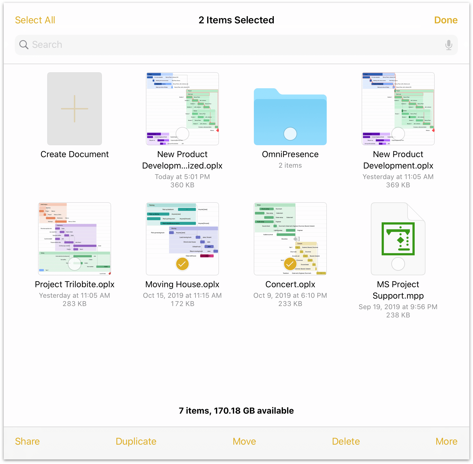 Selecting files in the document browser