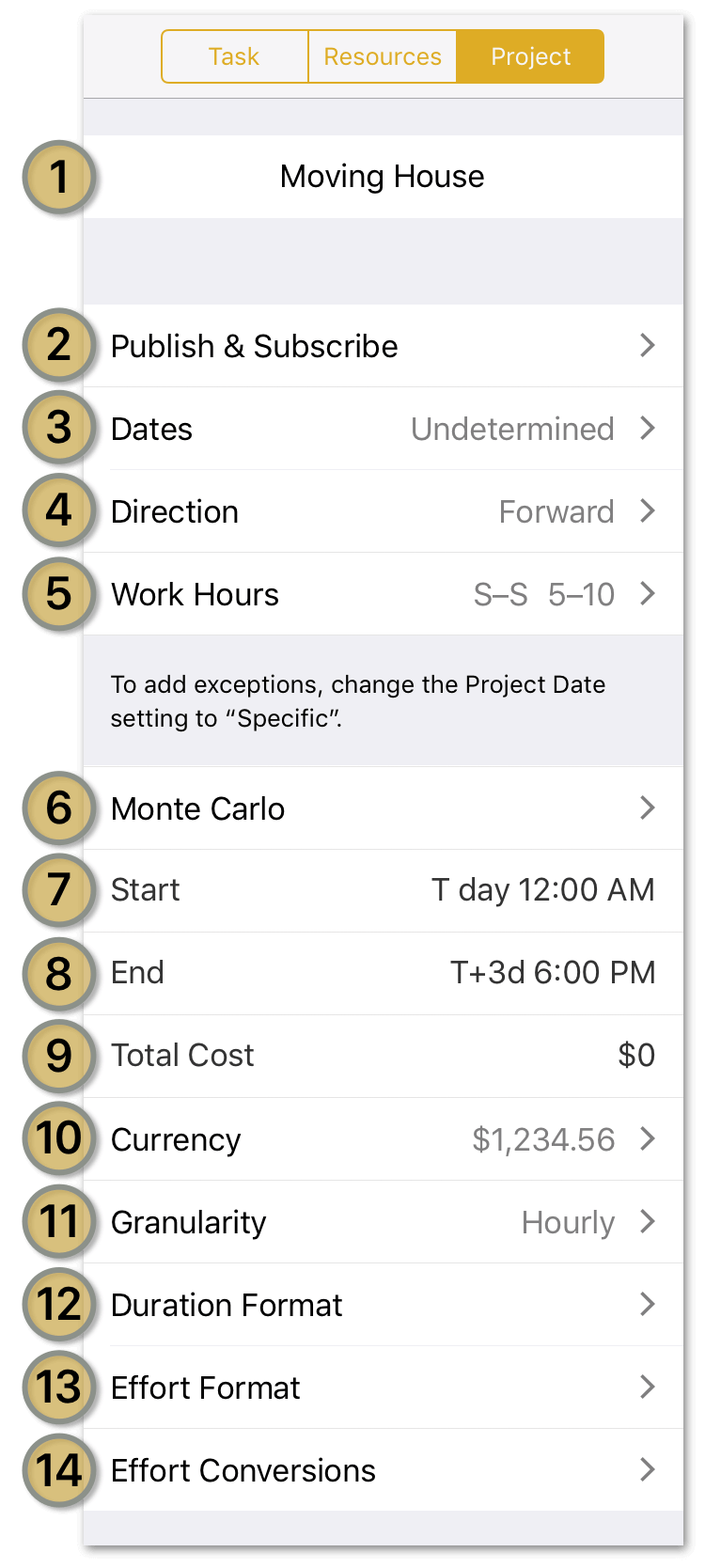 The project inspector in OmniPlan 3 for iOS