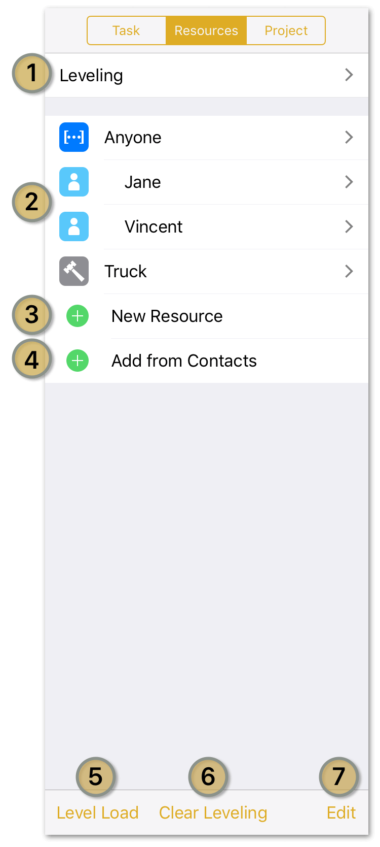 The resources inspector in OmniPlan 3 for iOS