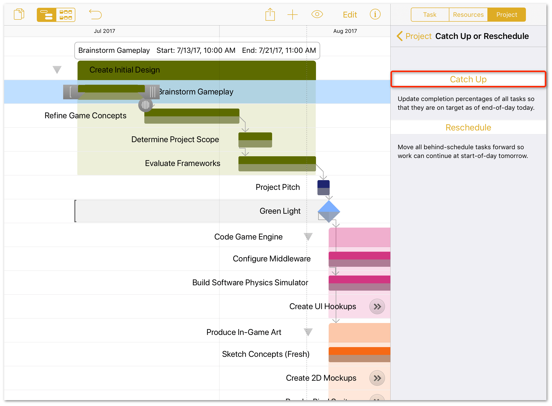 Updating task completion with the Catch Up tool.
