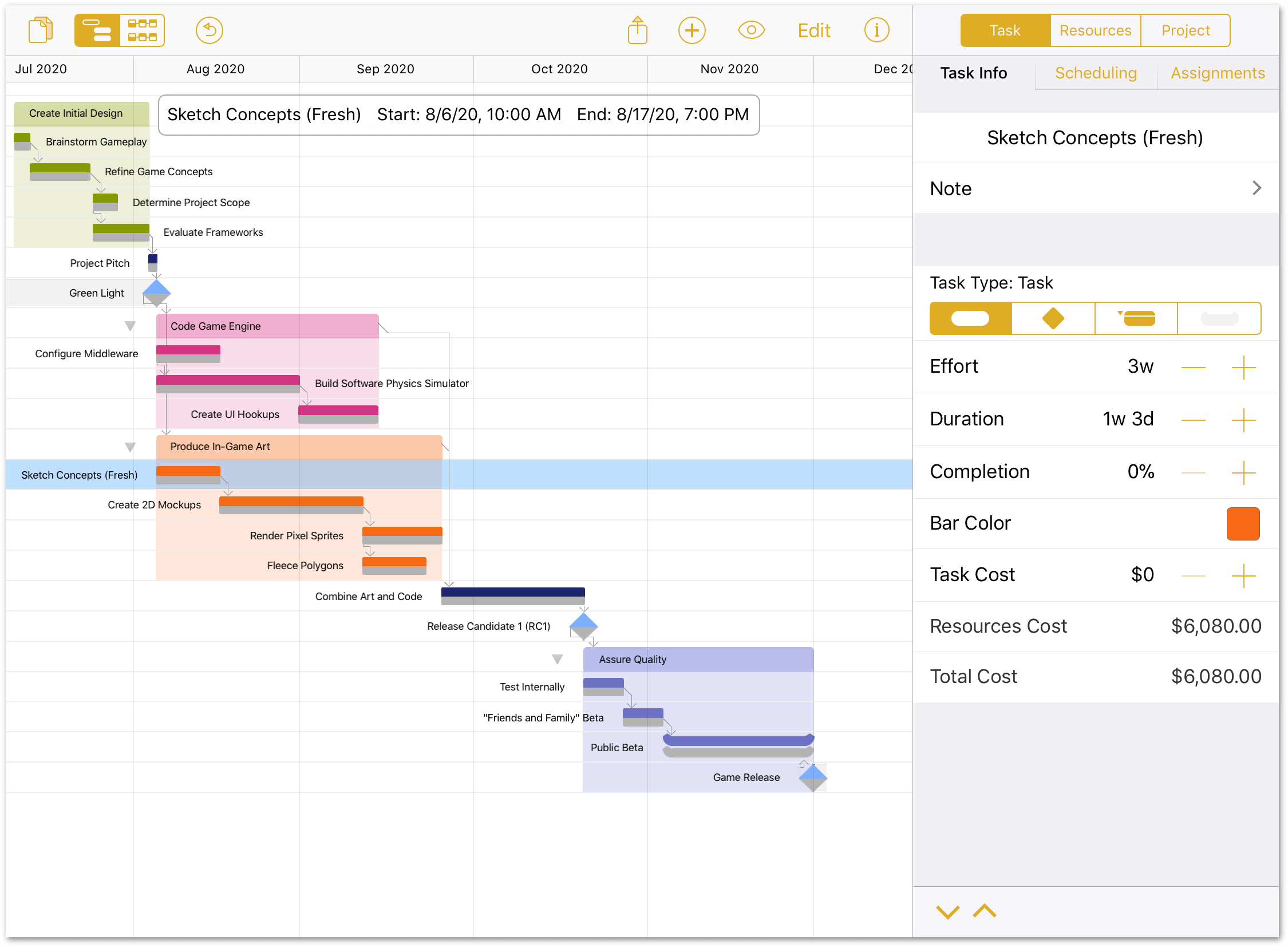 The Project Pitch is selected in the project editor, and the Task Info tab is highlighted in the Task inspector