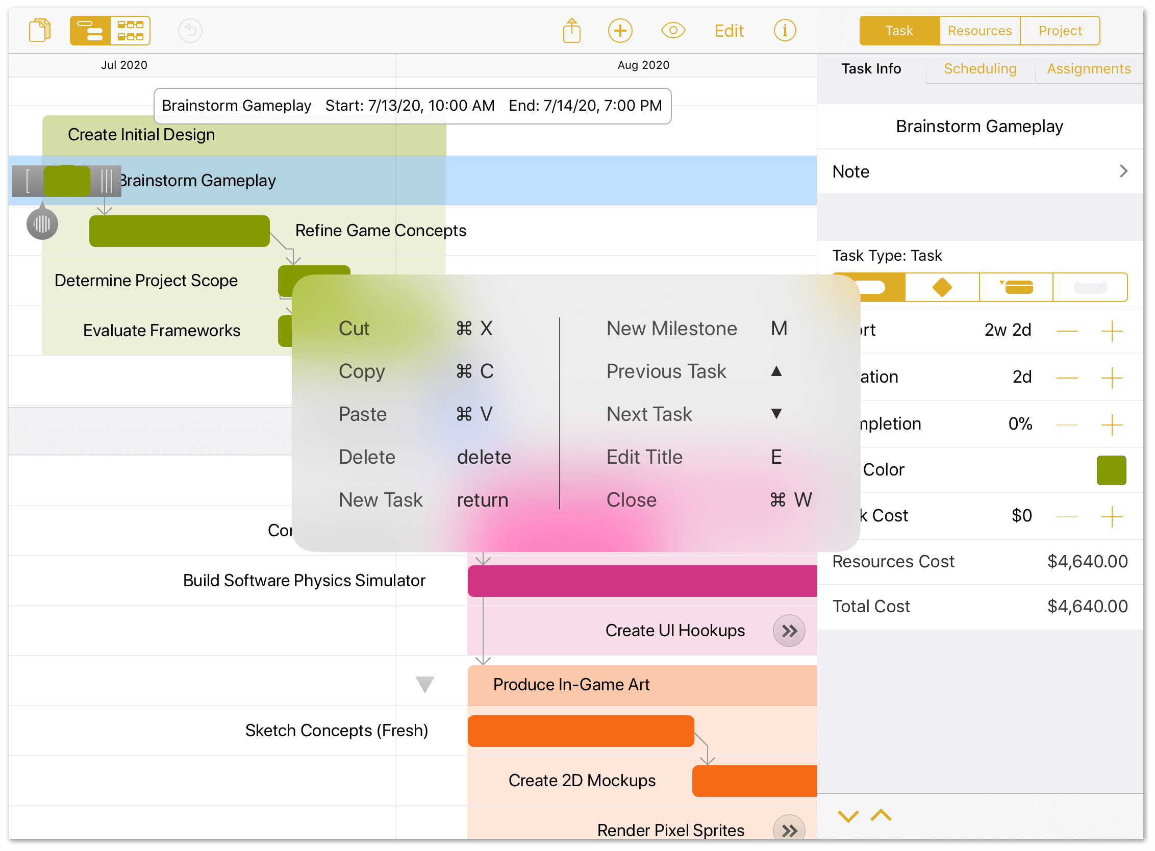 The keyboard shortcut overlay in OmniPlan 3.