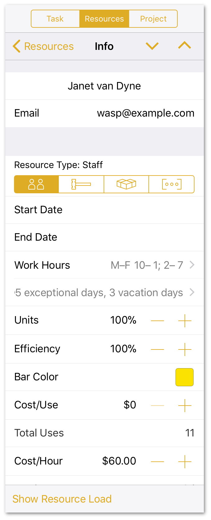 The hourly rate for Janet van Dyne, as set in the Resources inspector