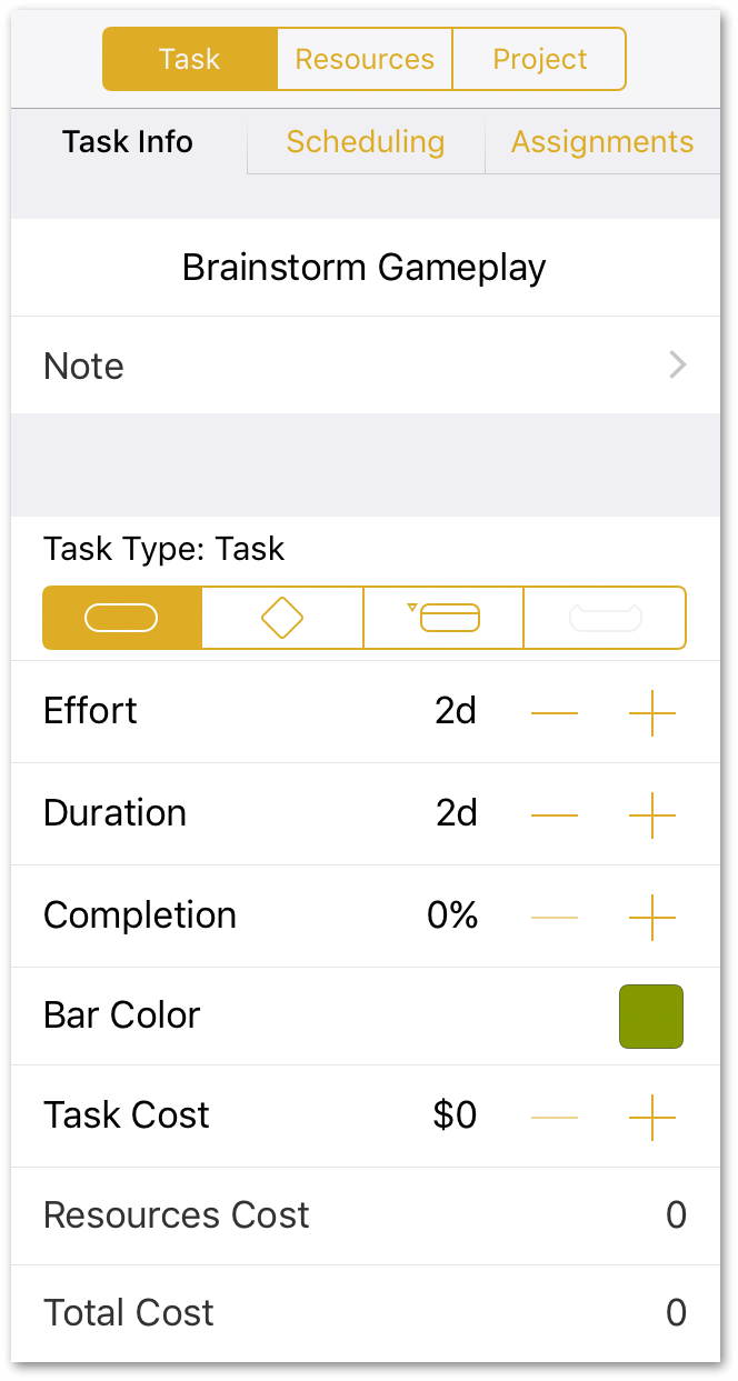 The Task inspector, showing the Duration for the task